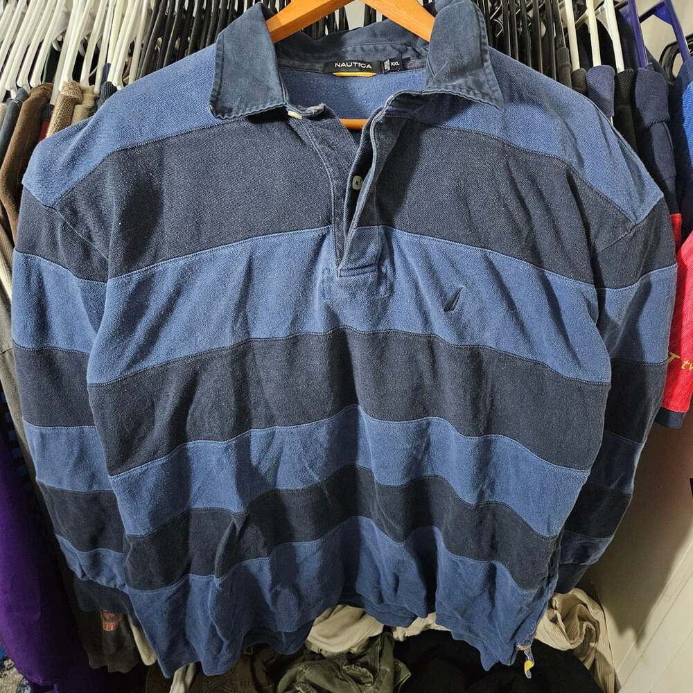 Nautica Striped Long Sleeve Rugby Shirt XXL Blue Black Pullover